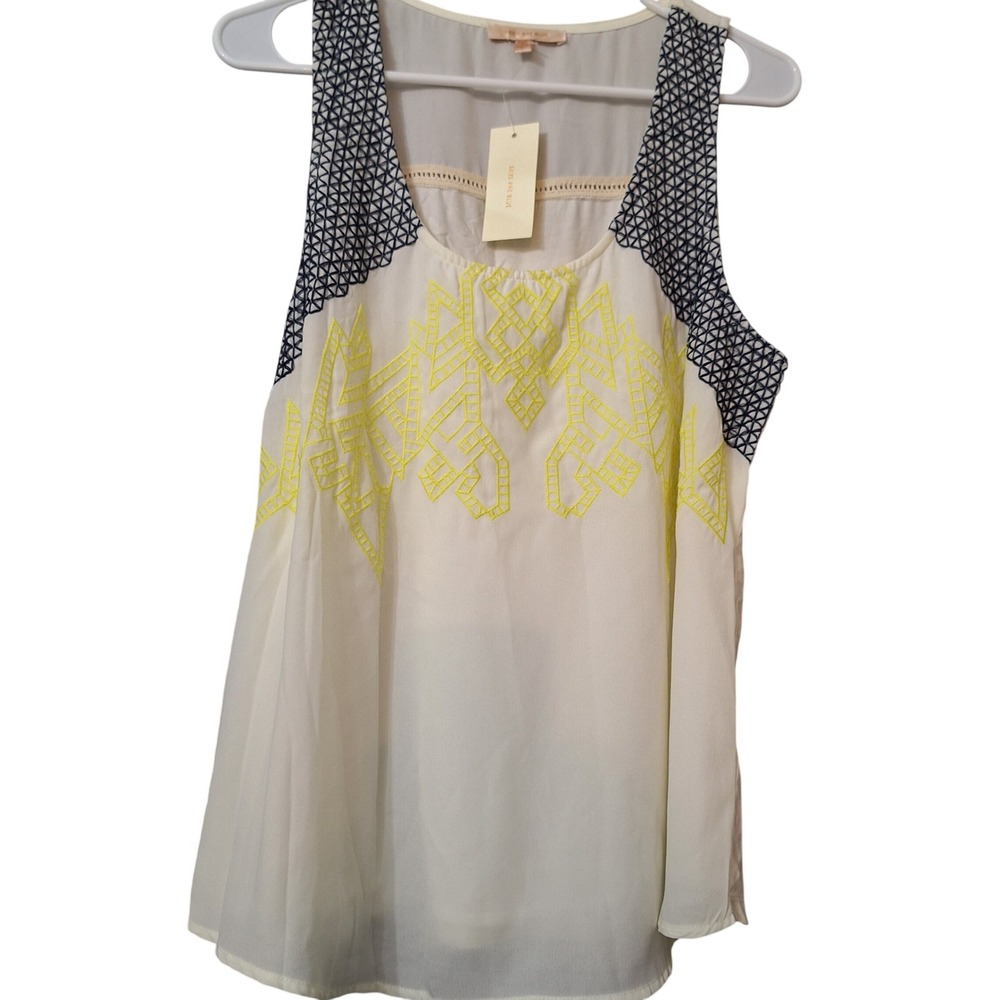 New‎ Skies Are Blue Tank Top Wom Sz Lg White Neon Yellow Embroidered  Boho Indie